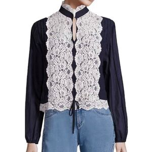 SEE By Chloè Navy Lace Front Blouse Paneled Small @X